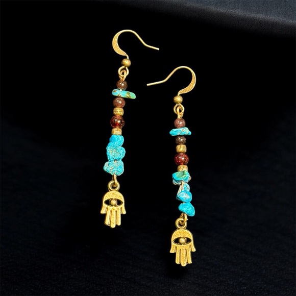 Handcrafted Garnet and Turquoise Hamsa Earrings - Picture 7 of 10